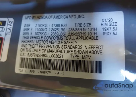 2020 Honda Cr-V Awd Touring из США, поврежденный, VIN 5J6RW2H9XLL003621